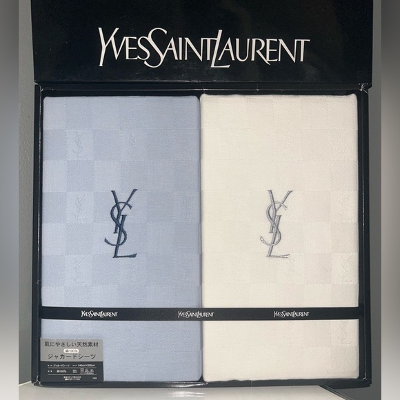 YSL Yves Saint Laurent Blue and White Twin Sheet Set